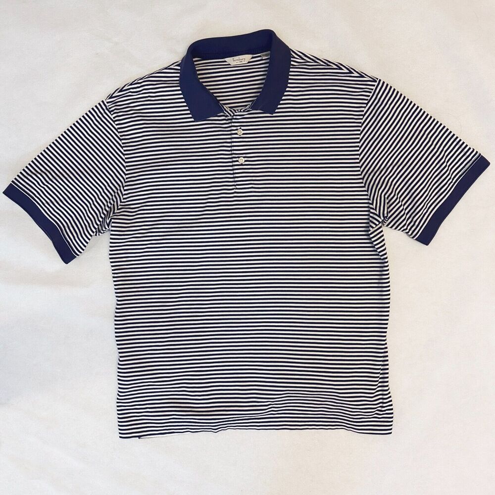 Turnbury Polo Shirt Mens Size Large Navy Blue White Striped Short Sleeve Casual